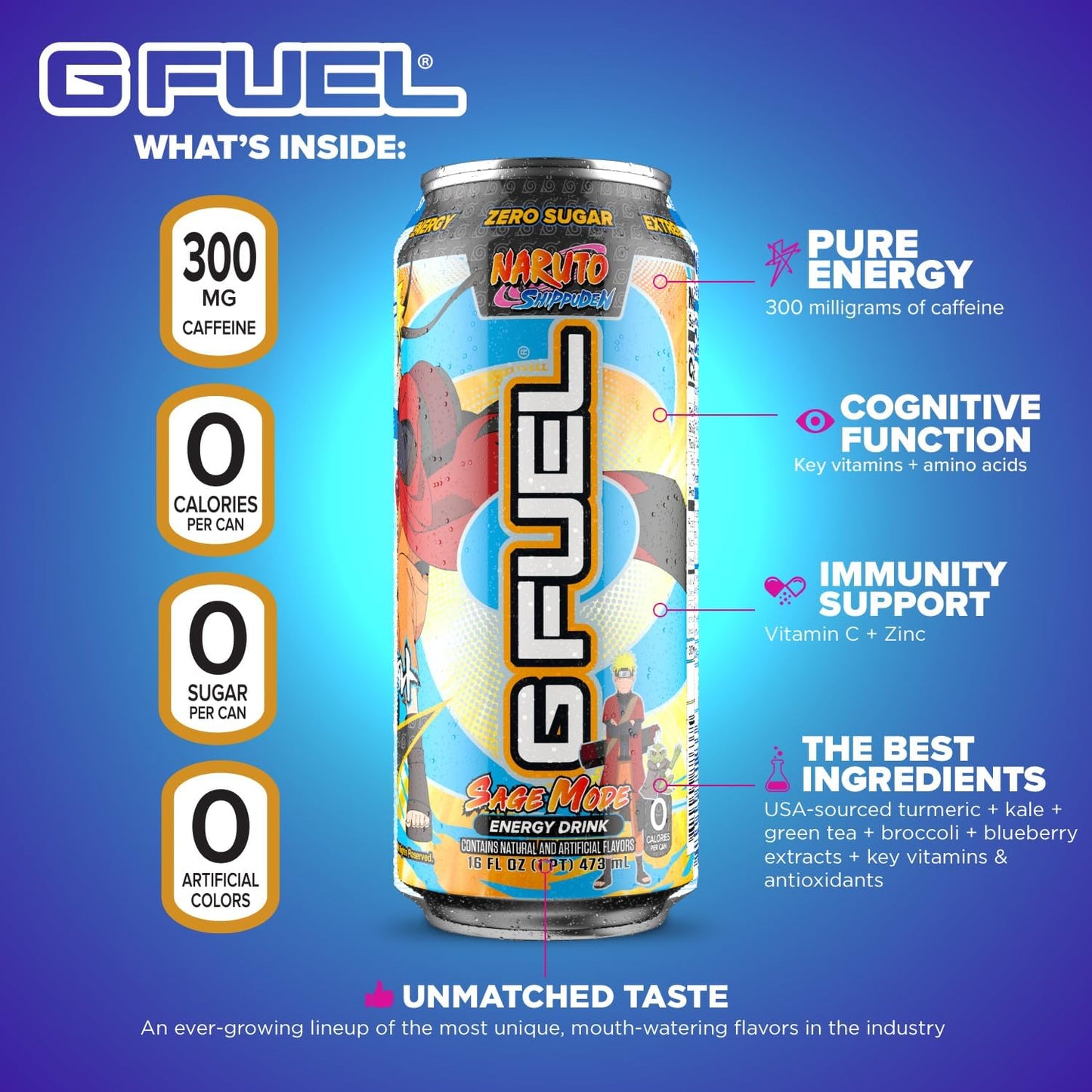 G Fuel Sage Mode Energy Drink, 16 oz can, 12-pack case, Inspired by Naruto Shippuden