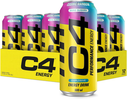 C4 Performance Energy Drinks Cosmic Rainbow 500ml (12 pack) | Sugar Free Energy Drink with 160mg Caffeine, 250mg Betaine, 1050mg Taurine | Low Calorie Fizzy Drinks for On the Go Energy and Focus